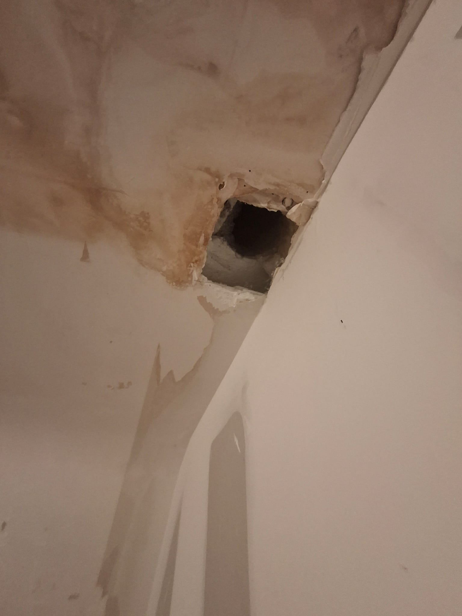 Trou dans un plafond avec larges taches d'humidité brunes et peinture écaillée dues à un dégât des eaux.