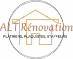 Logo ALT Rénovation : maison stylisée, plâtriers, plaquistes et staffeurs. Design circulaire doré et épuré.