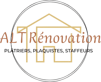 Logo ALT Rénovation : maison stylisée, plâtriers, plaquistes et staffeurs. Design circulaire doré et épuré.