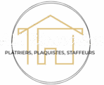 Logo circulaire doré, maison stylisée et texte PLÂTRIERS, PLAQUISTES, STAFFEURS.
